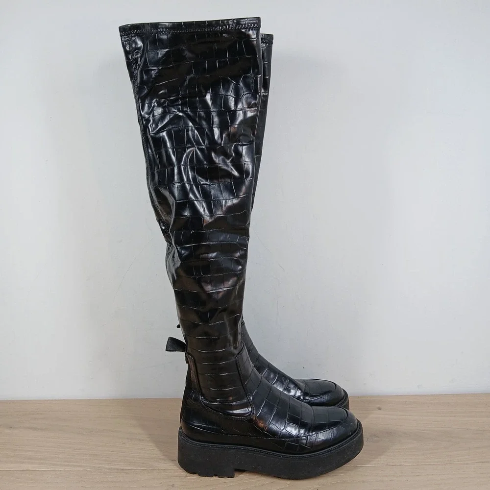 Franco Sarto Janna Boots Womens 6 Black Croc Platform Over The Knee High Gothic